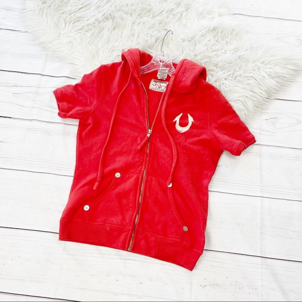 Authentic True Religion Red Short Sleeve Zip‎ Hoodie Sweater Jacket Size Medium